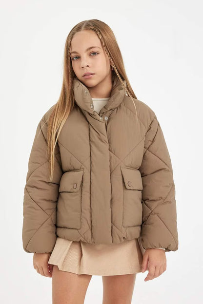 Girl Stand Collar Pocket Waterproof Puffer Jacket - -