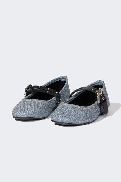 Girl Denim Ballerina Flat Shoes - - Denim