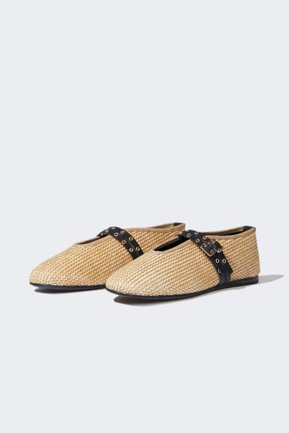 Girl Straw Detailed Ballerina Flat Shoes - - Beige