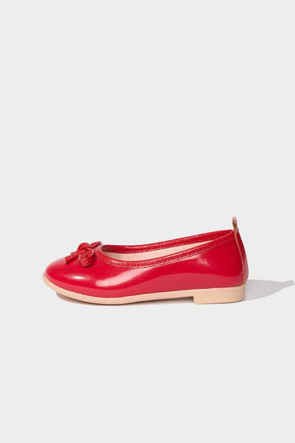 Girl Red Faux Leather Ballerina Flat Shoes - -