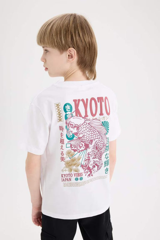 Boy Crew Neck Back Printed Short Sleeve T-Shirt - - White