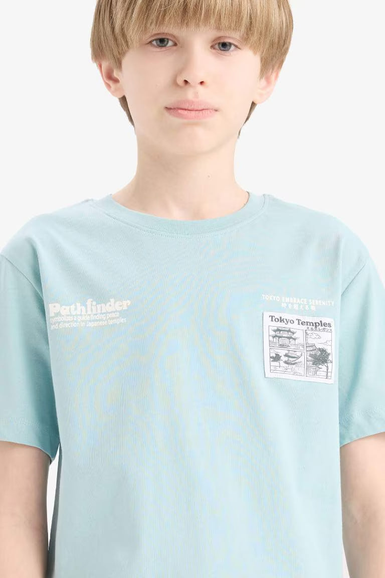 Boy Printed Crew Neck Short Sleeve T-Shirt - - sky