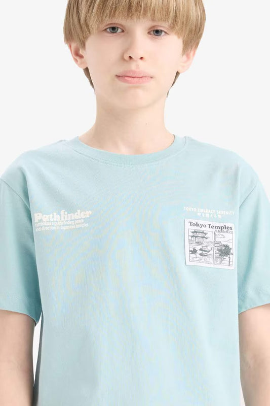 Boy Printed Crew Neck Short Sleeve T-Shirt - - sky