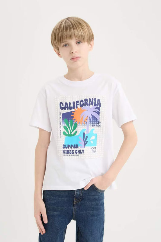 Boy New Regular Fit Crew Neck Puff Printed T-shirt - - White