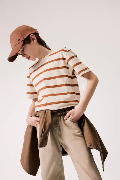 Boy Crew Neck Striped Short Sleeve T-Shirt - - Ecru