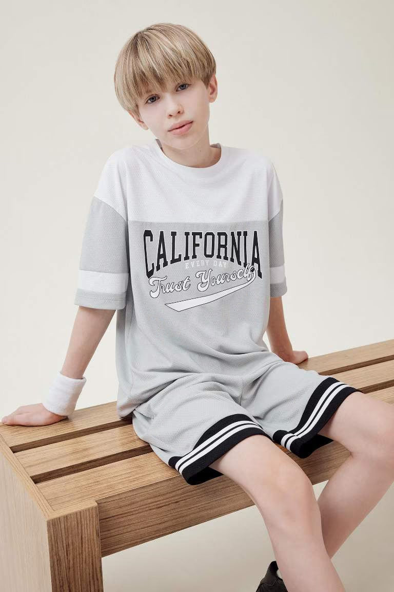 Boy Oversize Fit Crew Neck Printed Color Block T-Shirt - - Heather