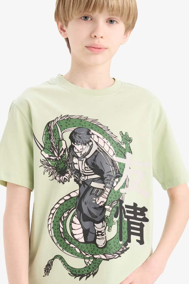 Boy New Regular Fit Crew Neck Anime Printed T-Shirt - - light green