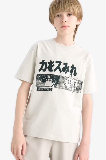 Boy Regular Fit Crew Neck Printed T-Shirt - - stone