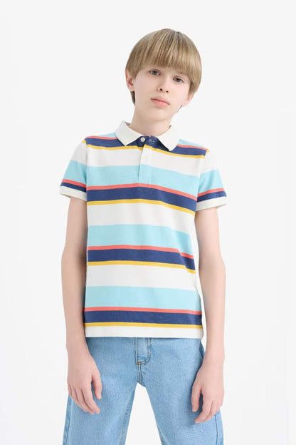 Boy Striped Pique Short Sleeve Polo Shirt - -