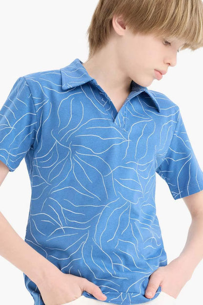 Boy Striped Pique Short Sleeve Polo Shirt - - Blue