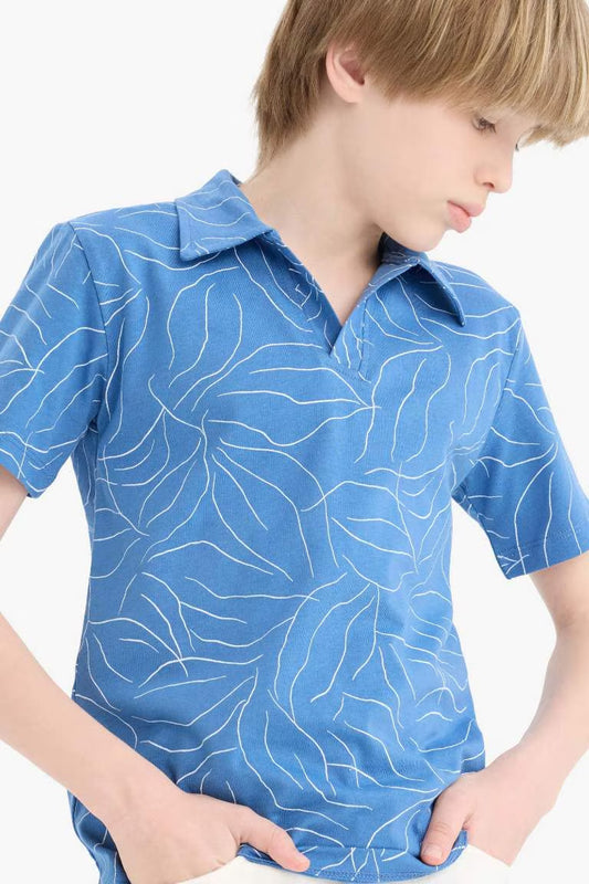Boy Striped Pique Short Sleeve Polo Shirt - - Blue