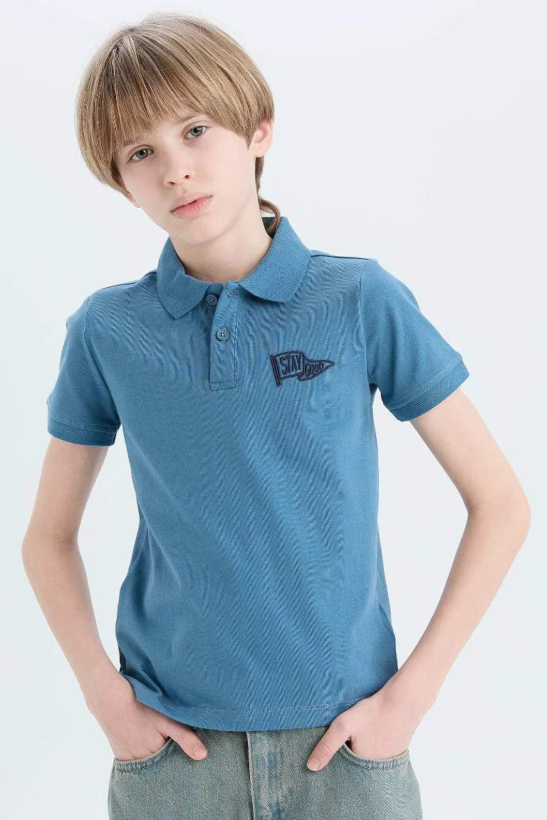 Boy Embroidered Short Sleeve Polo Shirt - - Blue
