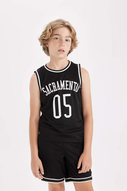 Boy Crew Neck Printed Sleeveless T-Shirt - - Black
