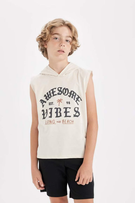 Boy Hooded Printed Sleeveless T-Shirt - - Beige