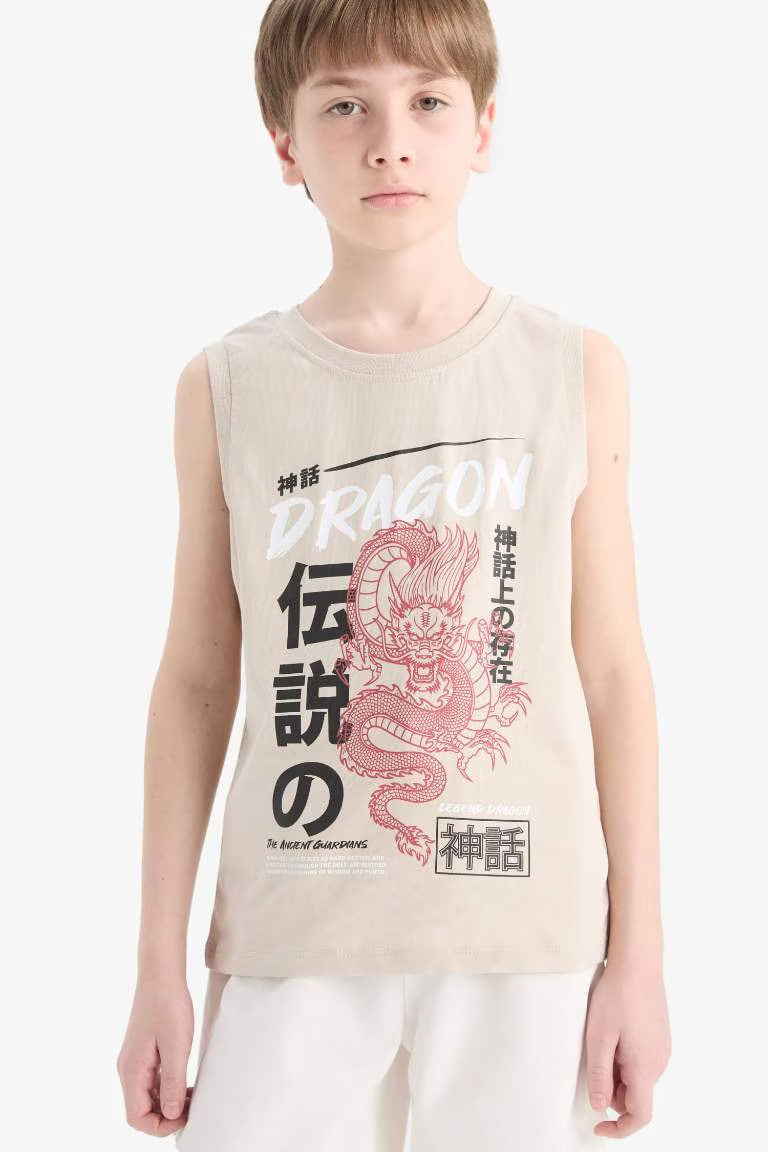 Boy Crew Neck Printed Tank Top - - Beige