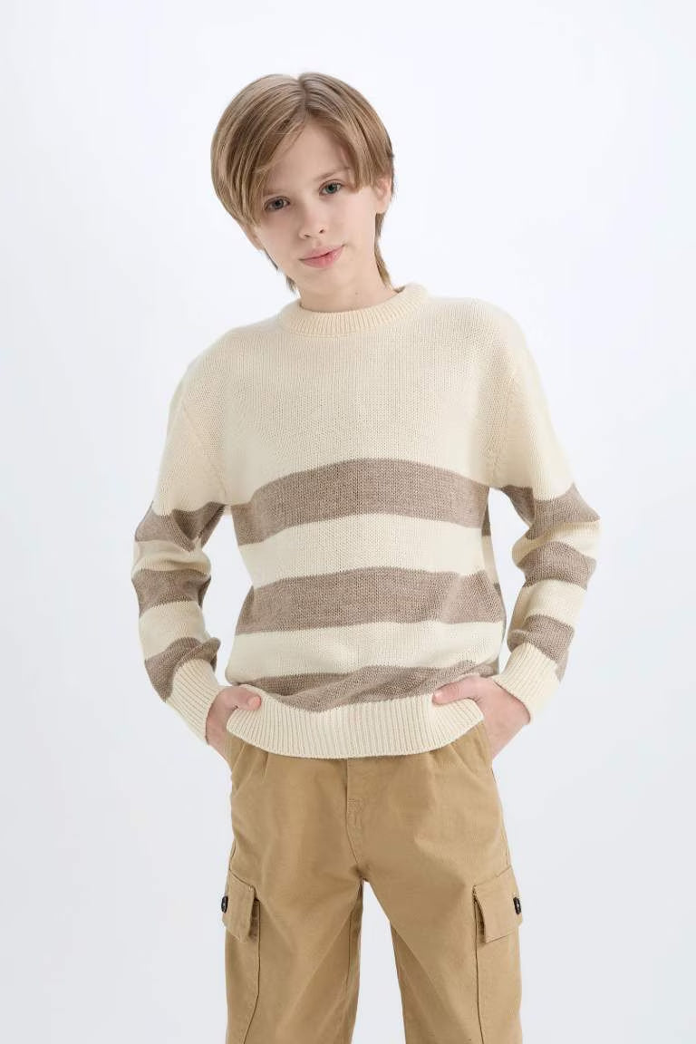 Boy Regular Fit Crew Neck Striped Knitwear Pullover - - Ecru