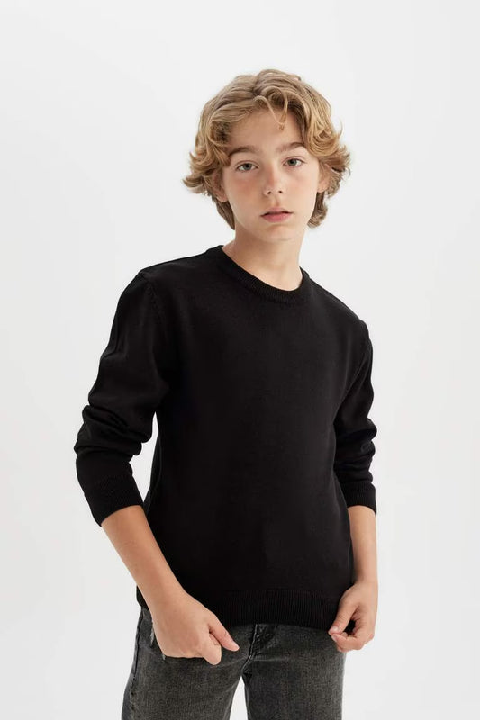 Boy Crew Neck Basic Knitted Pullover - - Black