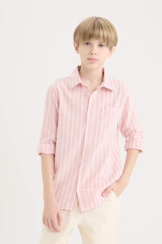 Boy Regular Fit Polo Collar Striped Linen Blend Shirt - - Rose