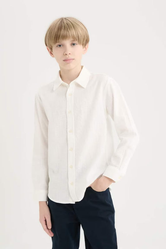 Boy Polo Collar Linen Look Long Sleeve Shirt - - Ecru