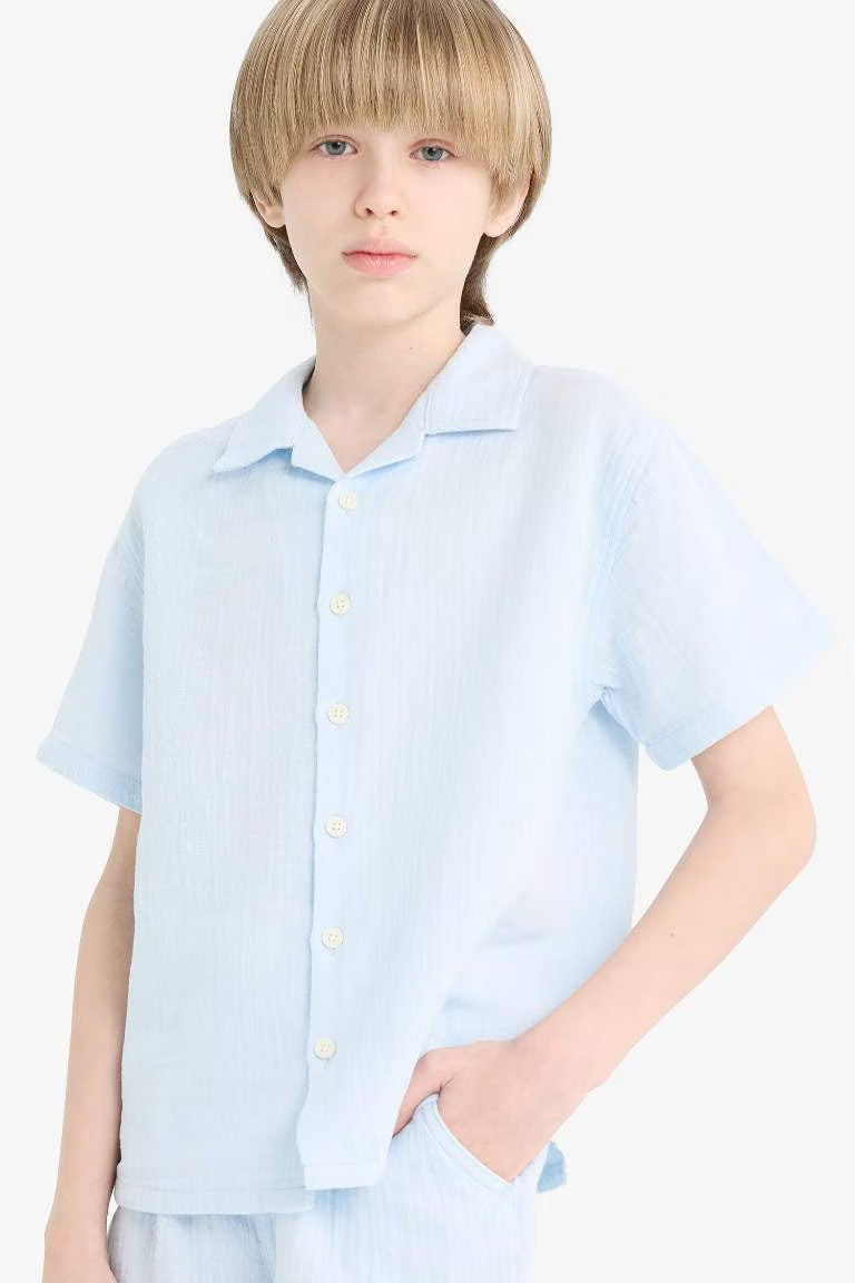 Boy Oversize Fit Polo Neck Muslin Shirt - - sky