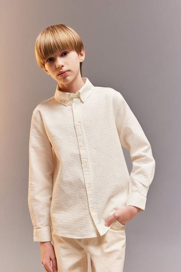 Boy Regular Fit Polo Collar Textured Shirt - - Ecru
