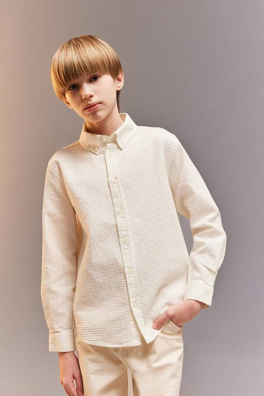 Boy Regular Fit Polo Collar Textured Shirt - - Ecru