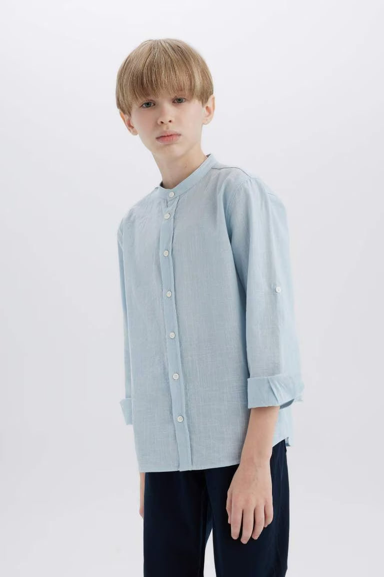 Boy Regular Fit Stand-up Collar Linen Look Shirt - - sky