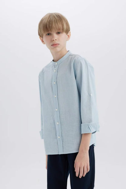 Boy Regular Fit Stand-up Collar Linen Look Shirt - - sky