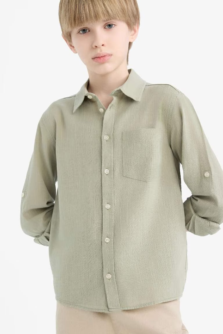 Boy Polo Neck Linen Look Long Sleeve Shirt - -