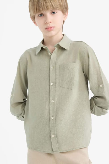 Boy Polo Neck Linen Look Long Sleeve Shirt - -