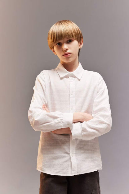 Boy Regular Fit Polo Collar Textured Shirt - - White