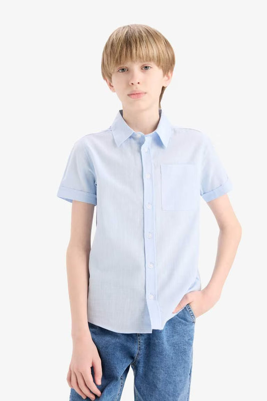 Boy Linen Look Short Sleeve Shirt - - sky