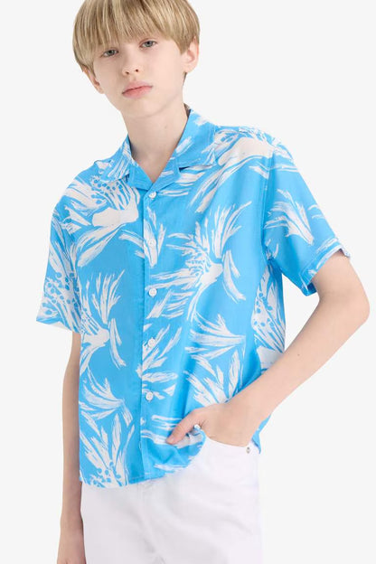 Boy Oversize Fit Polo Neck Floral Viscose Shirt - - Blue