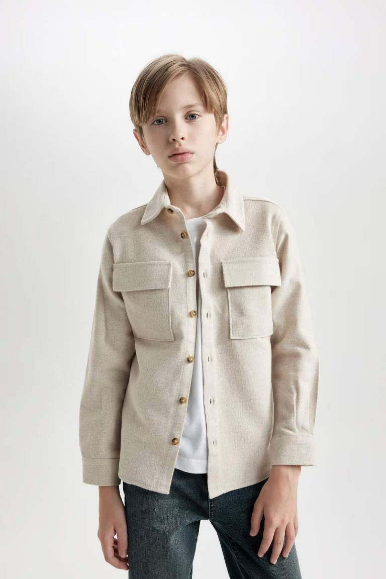 Boy Regular Fit Polo Neck Long Sleeve Beige Shirt - - Beige
