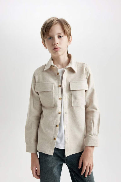 Boy Regular Fit Polo Neck Long Sleeve Beige Shirt - - Beige