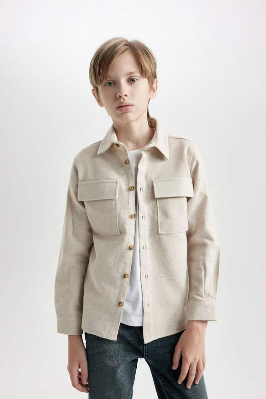 Boy Regular Fit Polo Neck Long Sleeve Beige Shirt - - Beige