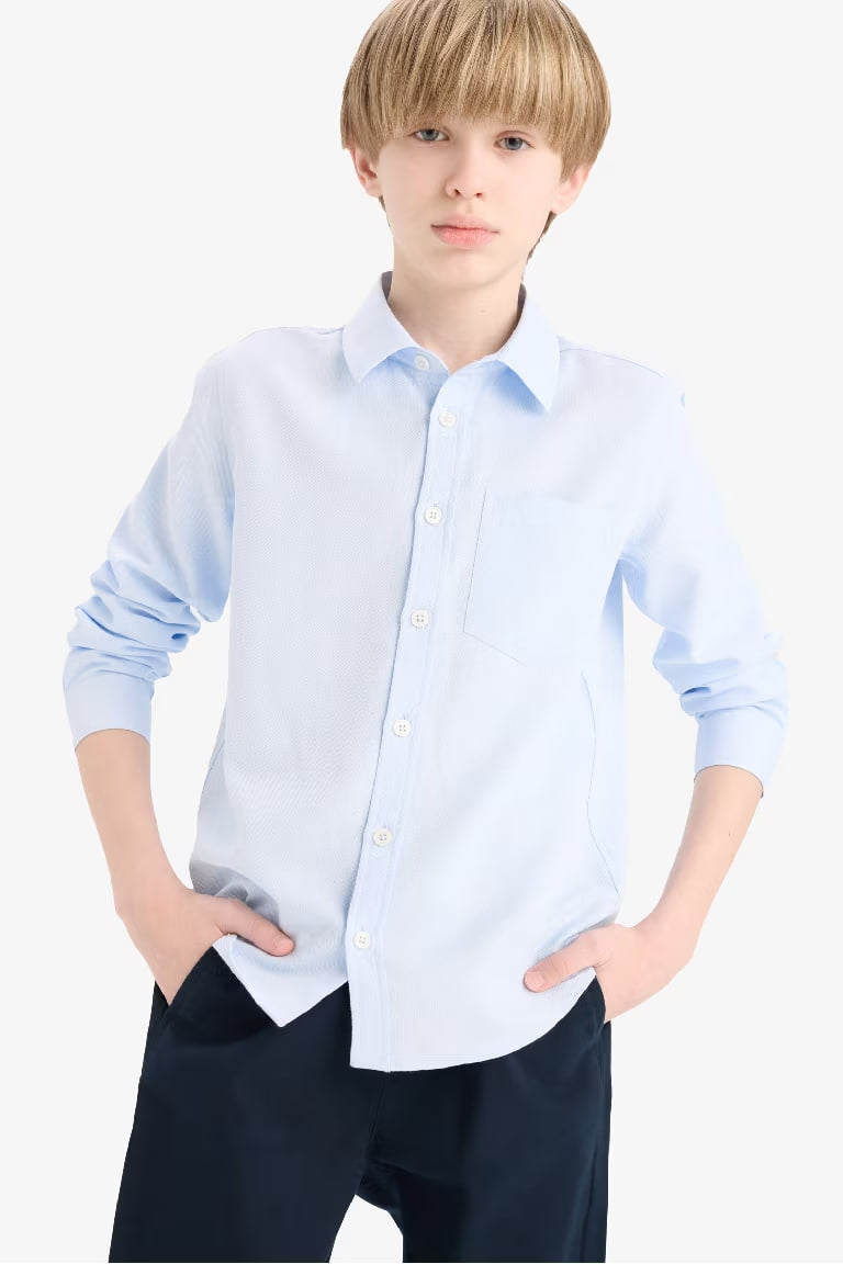 Boy Polo Neck Oxford Long Sleeve Shirt - - sky