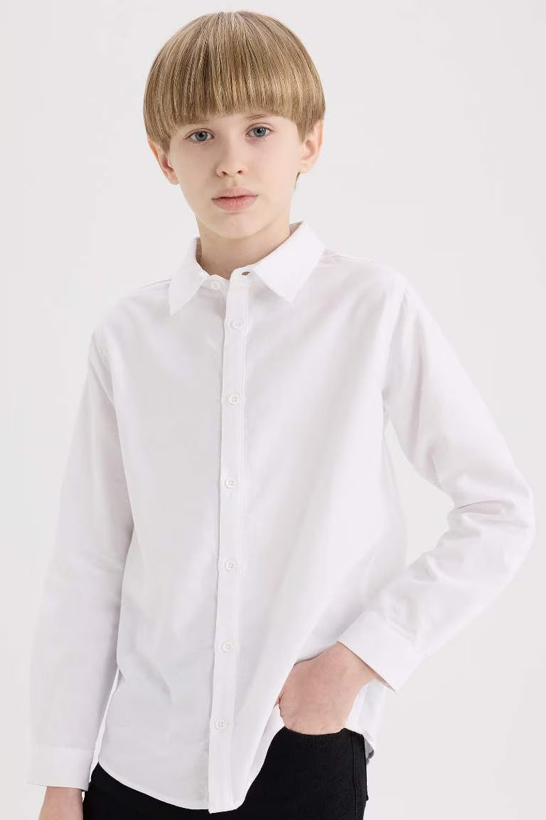 Boy Polo Neck Oxford Long Sleeve Shirt - - White