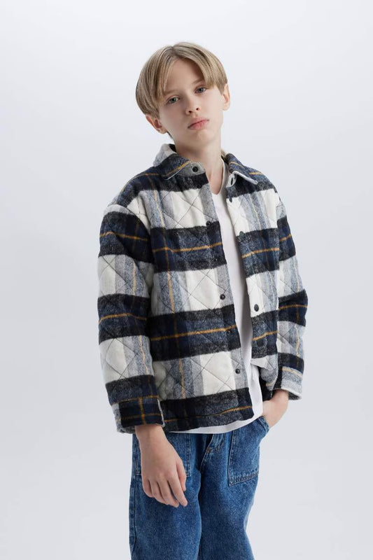 Boy Oversize Fit Polo Neck Flannel Snap Closure Shirt Jacket - - Checkered
