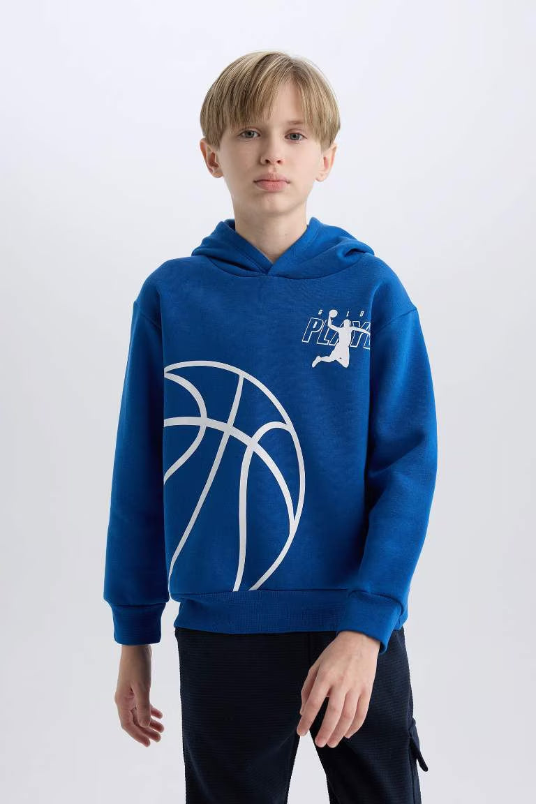 Boy Hooded Sports Printed Thick Sweatshirt - - Blue