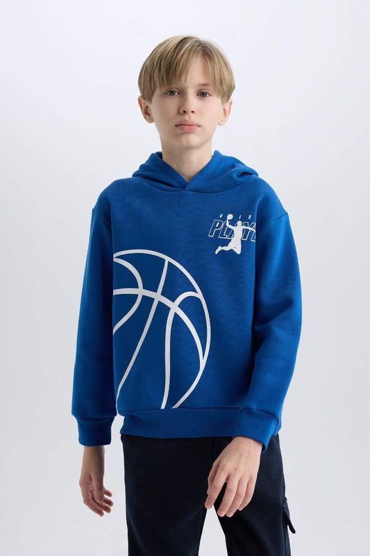 Boy Hooded Sports Printed Thick Sweatshirt - - Blue