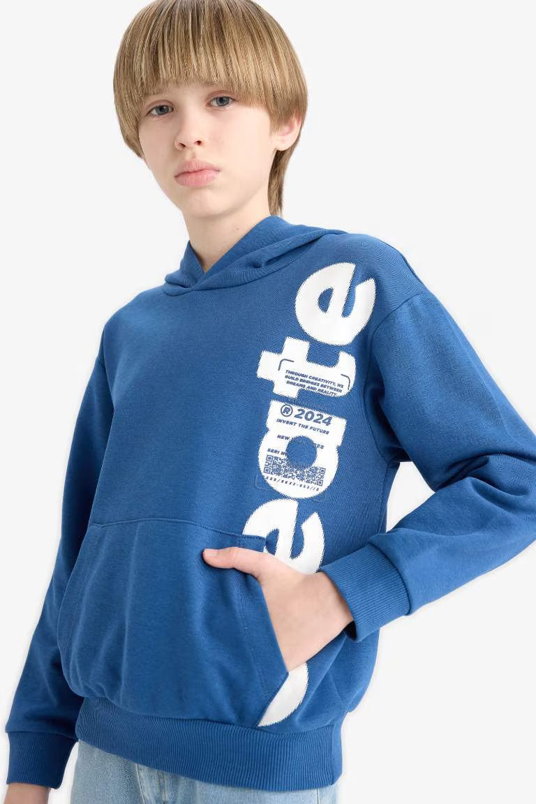 Boy Hooded Kangaroo Pocket Printed Sweatshirt - - Blue