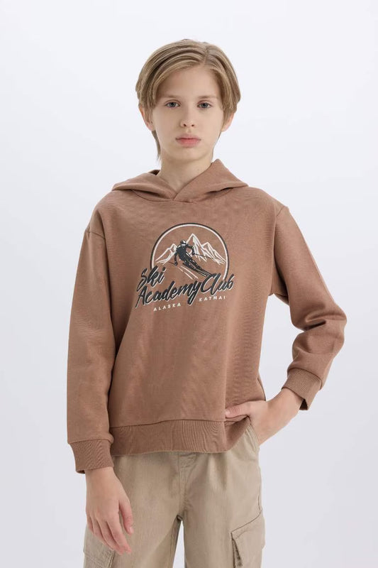 Boy Hooded Printed Sweatshirt - - Brown