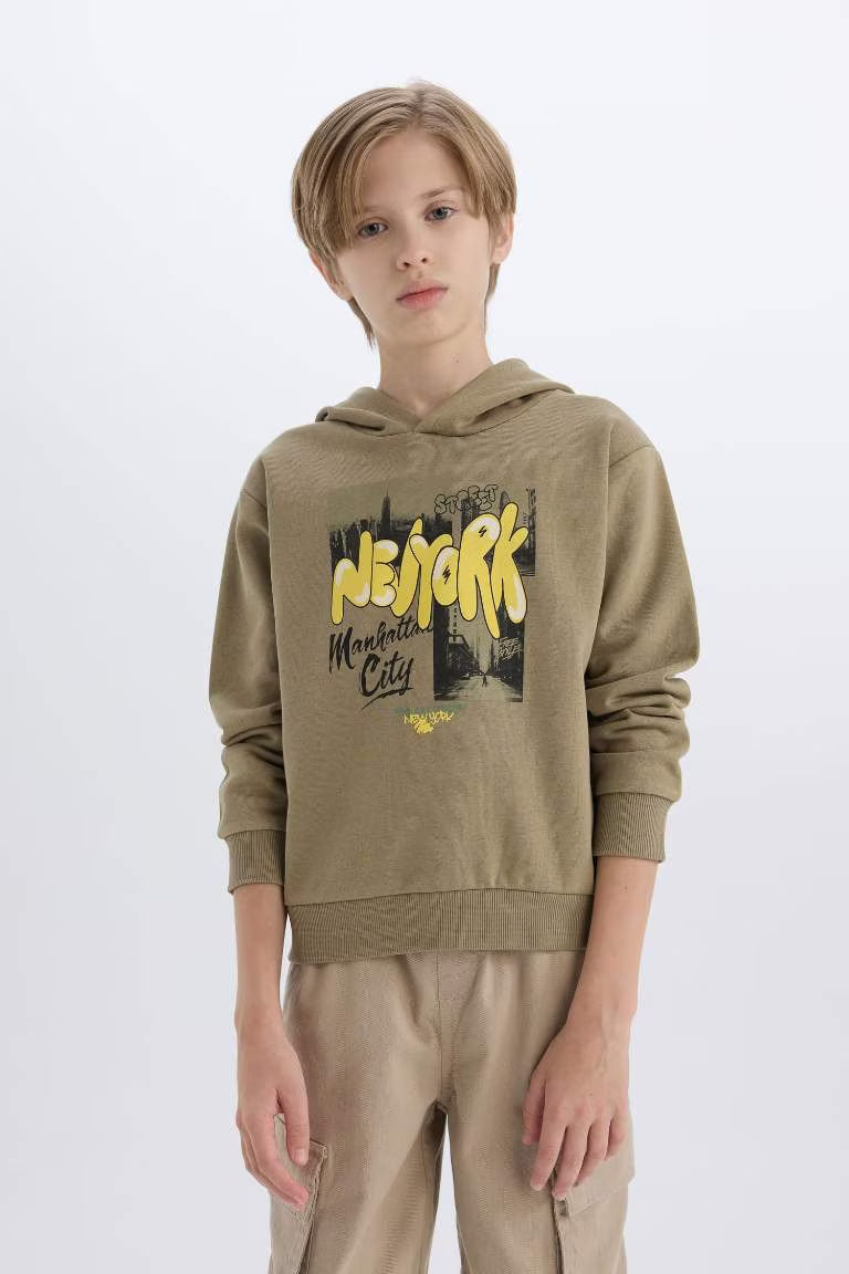 Boy Hooded Printed Thick Sweatshirt - -