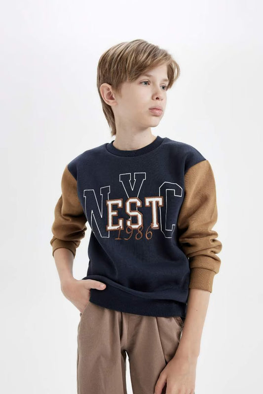 Boy Crew Neck Printed Sweatshirt - - Navy