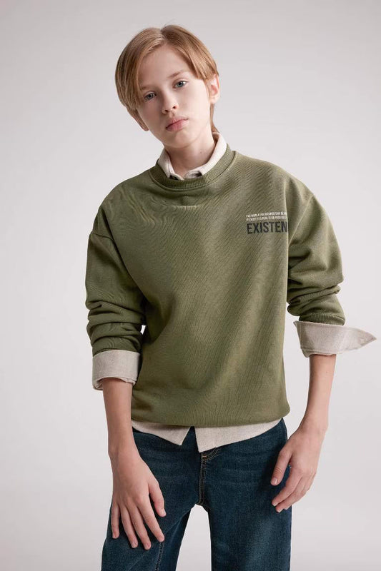 Boy Oversize Fit Crew Neck Back Printed Sweatshirt - - sage green