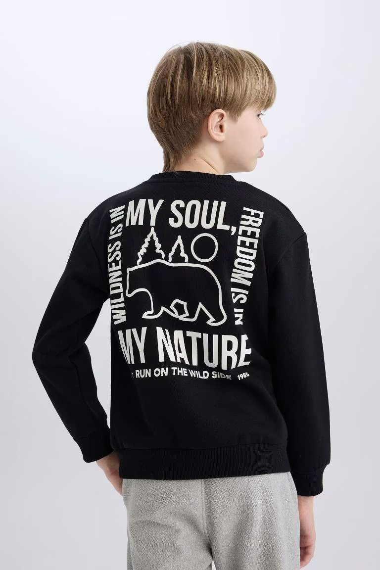 Boy Crew Neck Back Printed Soft Furry Inside Sweatshirt - -
