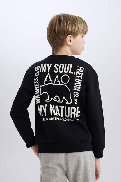 Boy Crew Neck Back Printed Soft Furry Inside Sweatshirt - -