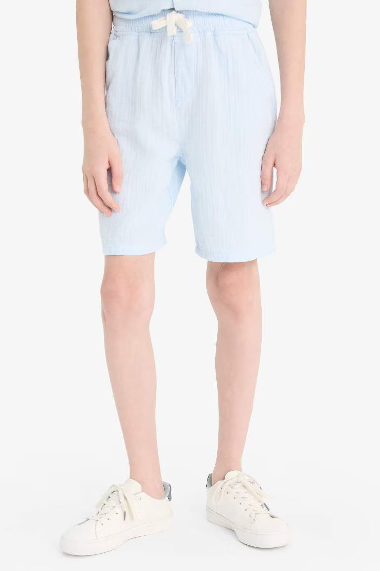 Boy Elastic Waist Muslin Shorts - - sky