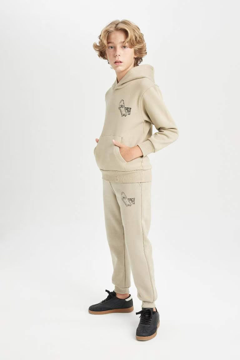 Boy Printed Elastic Leg Thick Jogger Sweatpants - - Beige